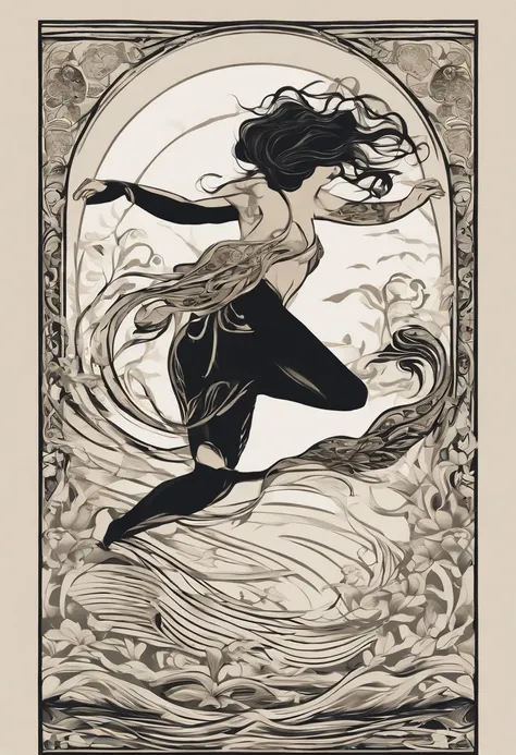 Beautiful drawing of Nishikigoi jumping out of the water、A simple Haida design flows through the Nishikigoi、Haidas design is simple, Clean flowing lines with no filler pattern on the inside、Side view of the whole body、Art Nouveau advertising style、Im looki...