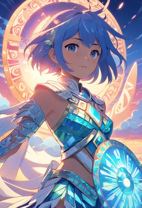 Aztec Warrior, gem-like and shell-like iridescent armor, colors are pearl white and glowing sky-blue, Beryl Conch, glowing iridescent, masterpiece, best quality