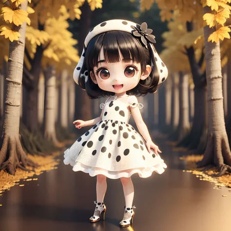 Cute Baby Chibi Anime,(((Chibi 3D))) (Best Quality) (Master Price)、Dalmatian ears、Black Hair Corn Row Hairstyle、(Dalmatian Pattern Dresses:1.4)、(Dalmatian Pattern High Heels:1.4)、a small face、petite body、Open your mouth and smile、Standing、The background is...