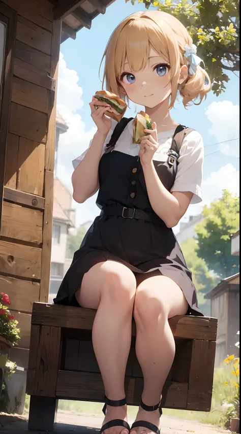 sandwich：Bread with white bread、Ingredients are ham, cheese, lettuce and tomatoes、It is topped with mayonnaise and mustard。The sandwich is cut and、Cross-section is visible。The sandwich is on the plate.、Served with napkins, forks and knives。 girl with：Her h...