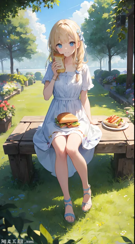 sandwich：Bread with white bread、Ingredients are ham, cheese, lettuce and tomatoes、It is topped with mayonnaise and mustard。The sandwich is cut and、Cross-section is visible。The sandwich is on the plate.、Served with napkins, forks and knives。 girl with：Her h...