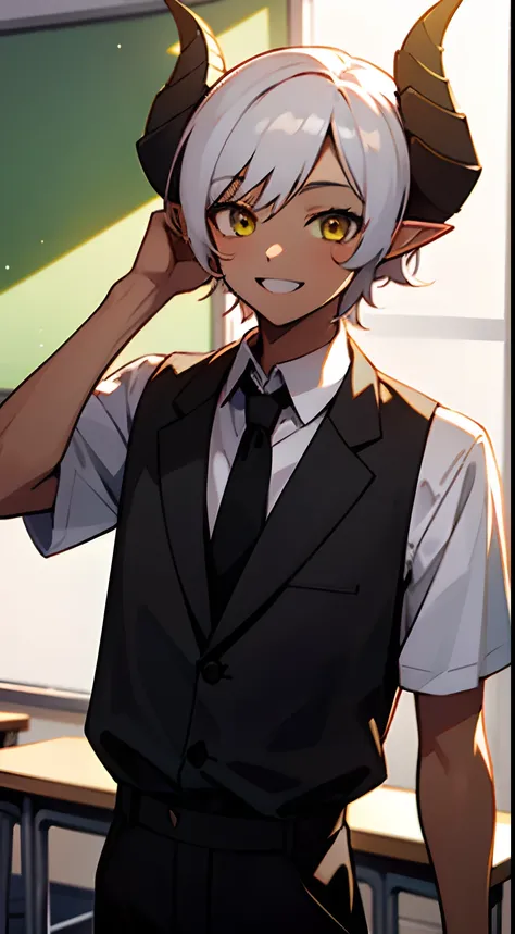 1boy,solo,happy face,tanned skin,white student shirt,black tie,black pants,Short hair,white hair,yellow eyes,elves ears,black horns,classroom,1.80 meters tall