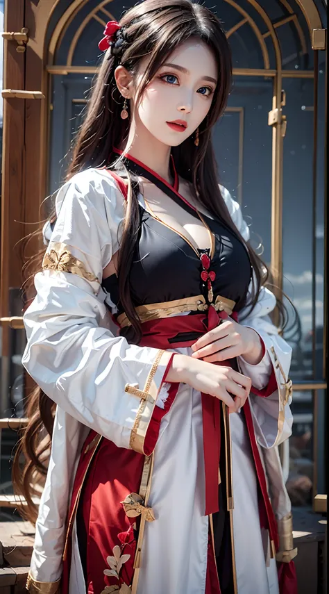 photorealistic, high resolution, soft light, 1women, solo, shining skin, blue eyes, black hair, jewelry, hanfu