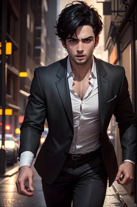 Realistic 8k image of a 25 year old man, short black hair, wearing a black blazer with a white blouse underneath, expression of fear, running in a narrow night alley, night scene