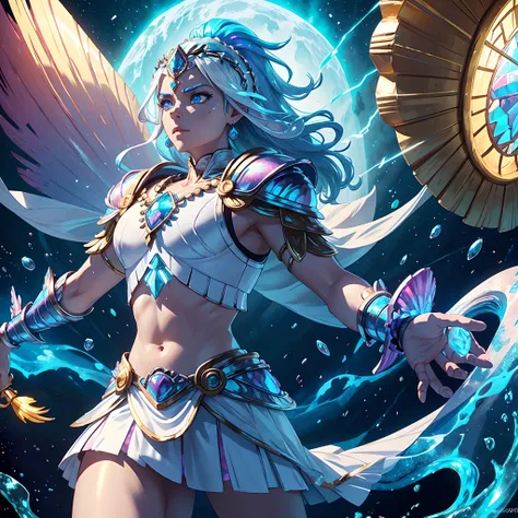 Aztec Warrior, gem-like and shell-like iridescent armor, colors are pearl white and glowing sky-blue, Beryl Conch, glowing iridescent, masterpiece, best quality