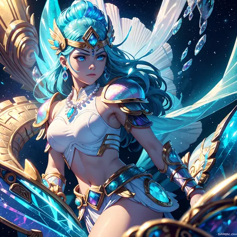 Aztec Warrior, gem-like and shell-like iridescent armor, colors are pearl white and glowing sky-blue, Beryl Conch, glowing iridescent, masterpiece, best quality