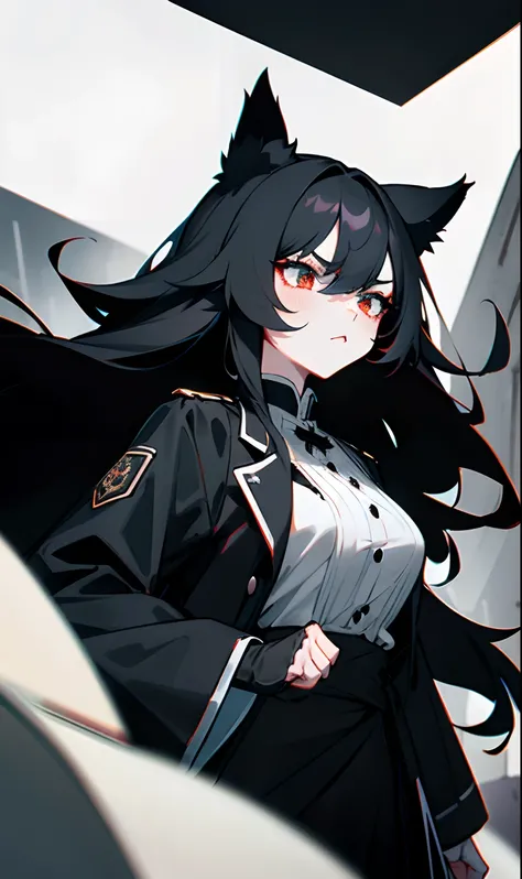 Medium breasted girl with thick long black hair with wolf ears on black head and black wolf syrup while her white overcoat and part of her black blouse is torn and has black fire around her while he has clenched fists and his eyes totally red