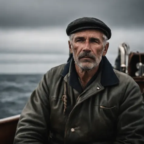 A portrait of a rugged sailor at sea, face weather-beaten, looking into the distance. Classic film grain effect, shot with a Leica M lens, depth of field, DOF, shutter speed 1/500, F/5.6, white balance, 32k, film grain, 4K. -ar 9:16 -s 600 -quality 5 .