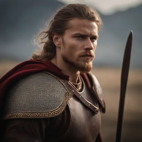 A 24-year-old Viking warrior in traditional dress, standing in the middle of a battlefield, strong and fierce. Shot in portrait style with depth of field effect, tilt blur and shutter speed of 1/1000, F/22. Pay special attention to the lighting, which shou...