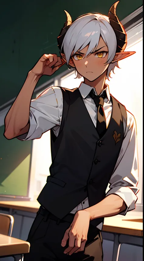 1boy,solo,serious,(brown skin),white student shirt,black tie,black vest,black pants,Short hair,white hair,yellow eyes,elves ears,black horns,classroom