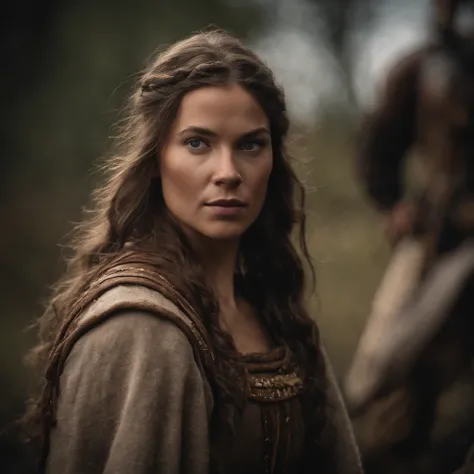 a 24-year-old Viking warrior woman, in traditional dress, standing in the middle of a battlefield, strong and fierce. Shot in portrait style with depth of field effect, tilt blur and shutter speed of 1/1000, F/22. Pay special attention to the lighting, whi...