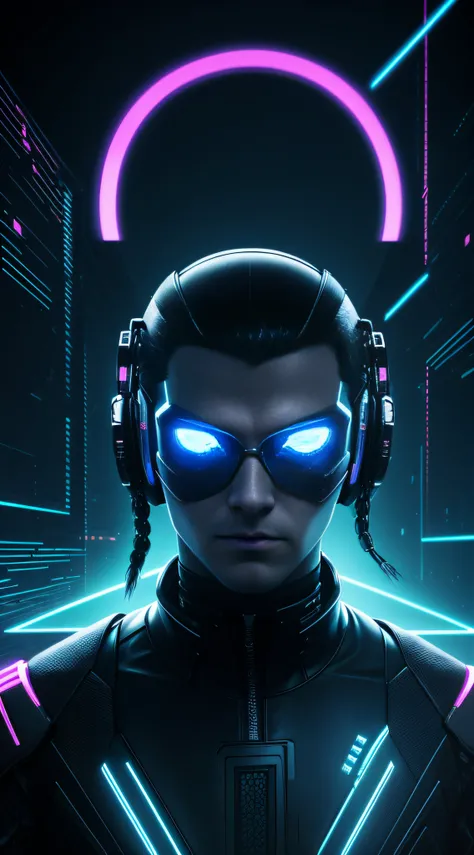 Cyberpunk style, IA avatar, cyberspace, wireframe, matrix, tron, minimal, abstract, virtual reality, black background, neon lights, virtual interface, looking at camera