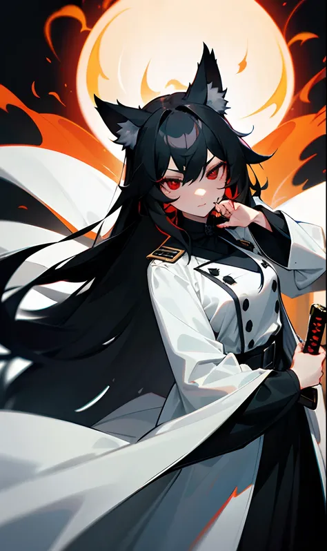 Medium-breasted girl with long thick black hair with black wolf ears on her head and black wolf syrup while wearing a white overcoat and a black blouse underneath and has fire around her while she has a katana in her right hand and her totally red eyes