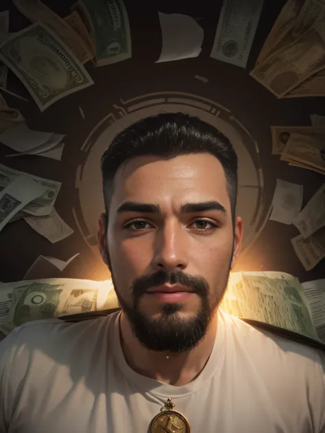 Uma pintura detalhada de uma pessoa em um terno, surrounded by a flood of dollar bills, with the book Financial Freedom Formula at the center.