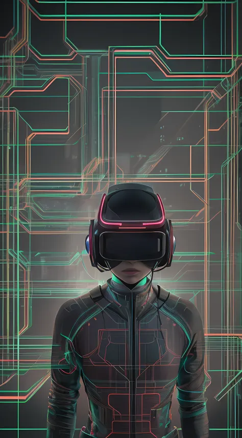 Cyberpunk style, IA avatar, cyberspace, wireframe, matrix, tron, minimal, abstract, virtual reality, black background, neon lights, virtual interface, looking at camera