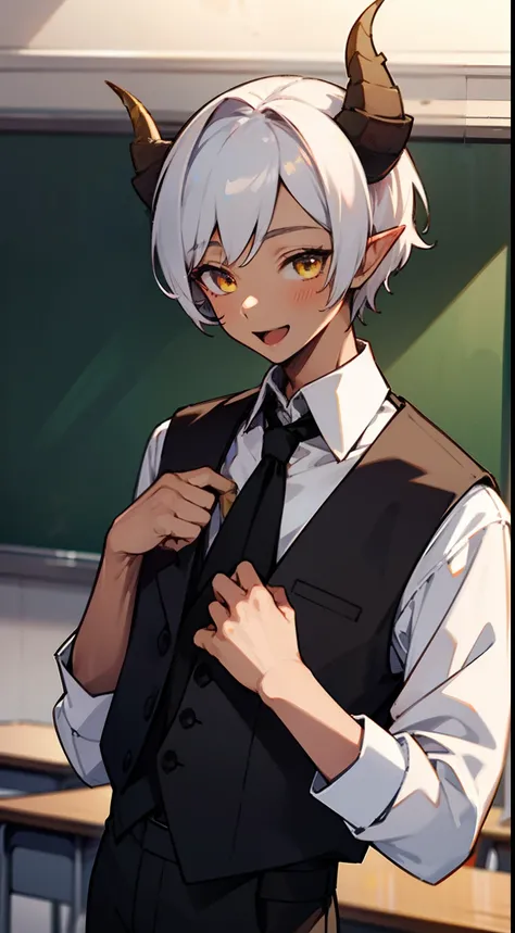 1boy,solo,happy,(brown skin,medium body),white student shirt,black tie,black vest,black pants,Short hair,white hair,yellow eyes,elves ears,black horns,classroom