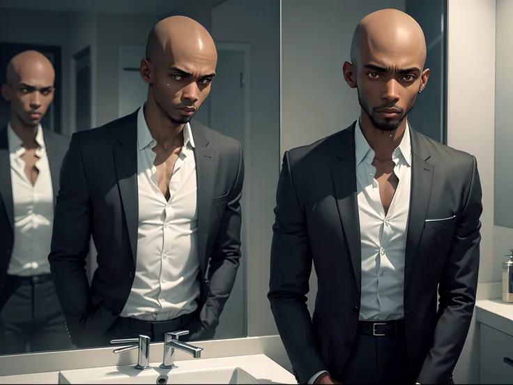 8K realistic image of a 25 year old black man, very thin, bald, eyes in perfect symmetry, dressed in a black blazer and a white blouse underneath, scared and sweaty face, in front of a mirror in a simple bathroom, scene nocturnal