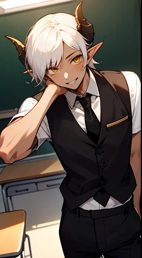 1boy,solo,happy,(brown skin,medium body,male face),white student shirt,black tie,black vest,black pants,Short hair,white hair,yellow eyes,elves ears,black horns,classroom