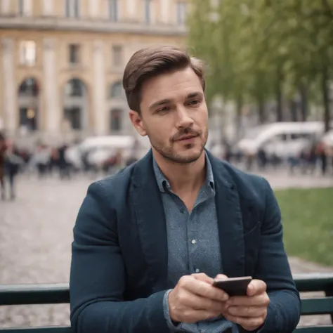 Man sitting on bench in the square fiddling with cell phone