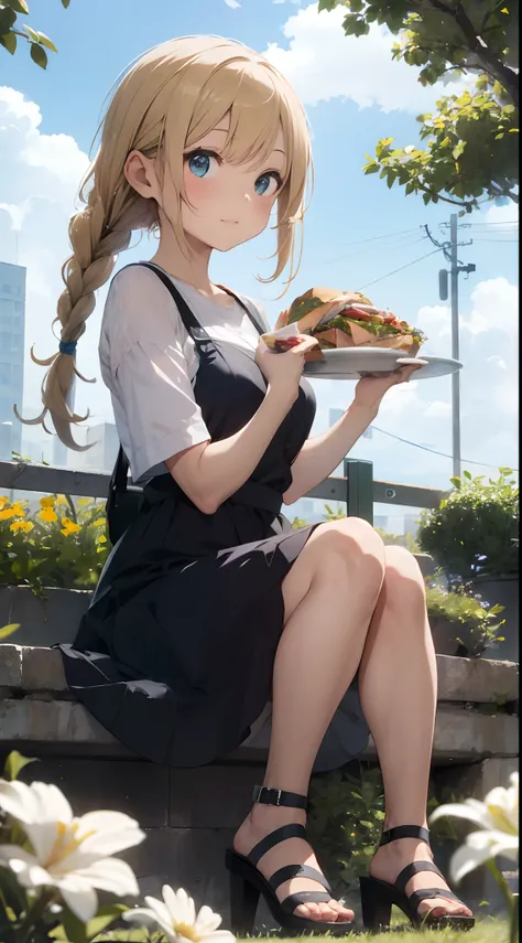 sandwich：Bread with white bread、Ingredients are ham, cheese, lettuce and tomatoes、It is topped with mayonnaise and mustard。The sandwich is cut and、Cross-section is visible。The sandwich is on the plate.、Served with napkins, forks and knives。
girl with：Her h...