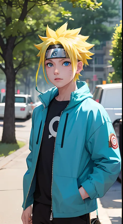 Masterpiece, Superb Style, summer chothes, Colored Hair, Outdoor, Upper Body, Uzumaki Naruto, blue eyes, short yellow hair,a boy