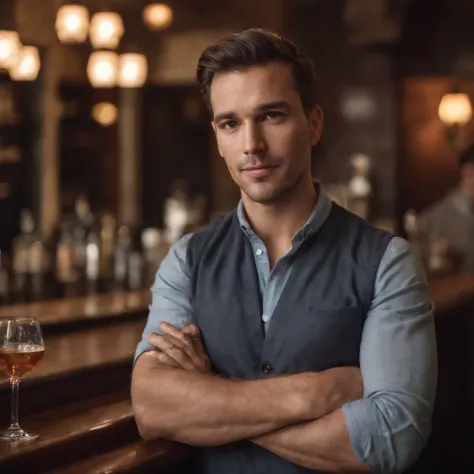 Man standing in front of a bar with his hand in his pocket looking out the window