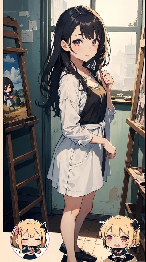 (1girl in, Solo:1.4), Cute, (Chibi:1.6),It depicts a touching moment when a pretty girl tries her hand at painting for the first time。She、Inside the art studio、Standing in front of the canvas、Pick up the brush。In those eyes、Mixed with anticipation and a li...