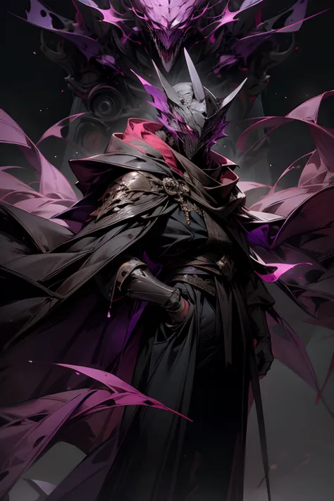 A man wearing a mask, a cloak covering his entire body, a mysterious atmosphere, and purple light.