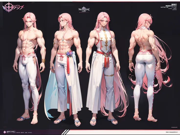 ((Masterpiece, Highest quality)), Detailed face, character design sheet， full bodyesbian, Full of details, frontal body view, back body view, Highly detailed, Depth, Many parts, Muscle boy with long pink hair with long bangs，handsome man, muscle body, whit...