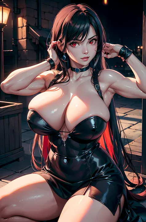 (8k, best quality, masterpiece:1.2), (realistic, photo-realistic:1.37), ultra-detailed, 1 girl,cute, solo, (tifa lockhart), (huge breasts:1.5),(beautiful detailed eyes), (smile:1.2), (closed mouth), erotic pose, dancing, outside an industrial factory, dept...