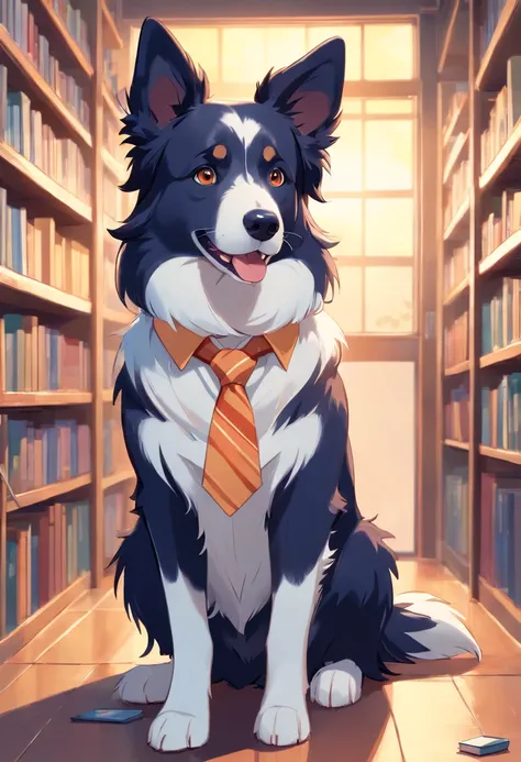 Make a Border Collie Dog, This dog must be wearing a tie and glasses, deve estar em uma biblioteca lendo um livro. Foto estilo disney pixar