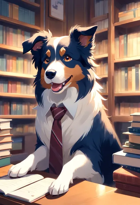 Make a Border Collie Dog, This dog must be wearing a tie and glasses, deve estar em uma biblioteca lendo um livro. Foto estilo disney pixar