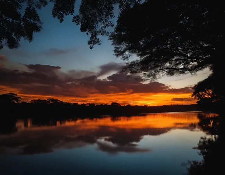 Sunset on the edge of a river, brazi, um pequeno barco, water reflecting brightness only sun, Photographic quality, detalhes marcantes, sky with clouds reflecting sunset tones,