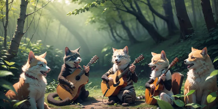 A group of animals playing instruments and singing in a forest clearing 4k. --auto --s2