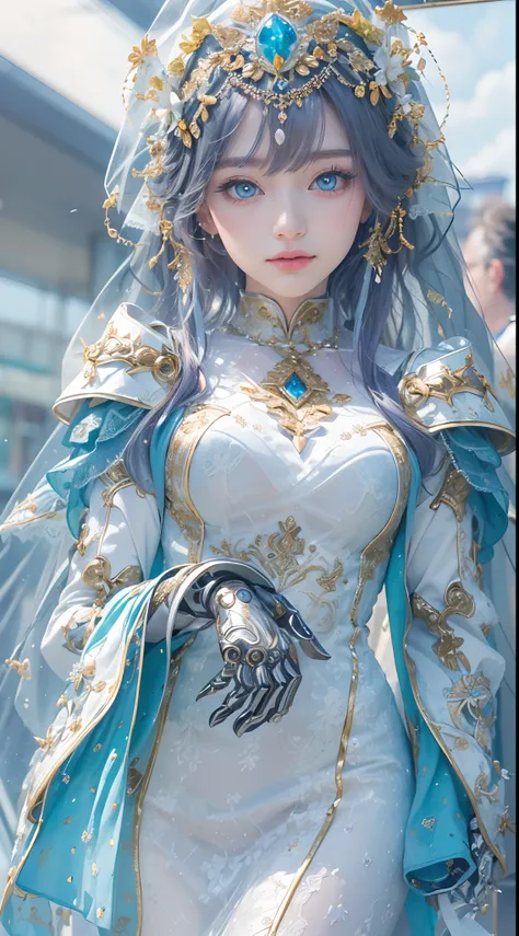 (High-res, 4K, Masterpiece:1.2),Ultra-detailed,(Realistic,photo-realistic:1.37),Girl robot married in Japan,（((Vitreous blue eyes)))，Mechanical limb,Mechanical torso,Made of shiny gold and white clear glass and plastic, Delicate lace dress,Wears a white ve...