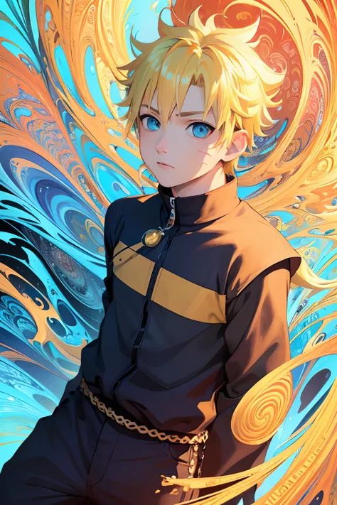 (masterpiece, top quality, best quality, official art, beautiful and aesthetic:1.2), (1boy:1.3), extreme detailed,(fractal art:1.3),colorful,highest detailed, Uzumaki Naruto,blue eyes, short yellow hair, handsome boy