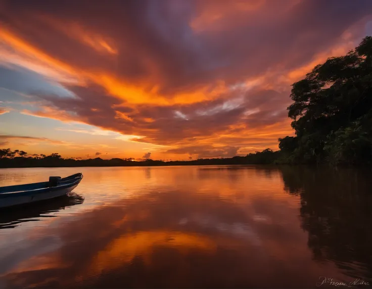 Sunset on the edge of a river, brazi, um pequeno barco, water reflecting brightness only sun, Photographic quality, detalhes marcantes, sky with clouds reflecting sunset tones,