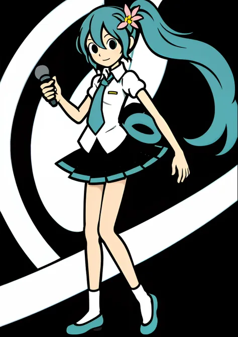 hatsune miku, rhythm_heaven, 1girl in, white shirt, blue skirt, black socks, black shoes, holding microphone, dancing, hair flow...