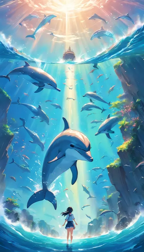 Painting of dolphins swimming in colorful ocean, Look up at the composition, Jellyfish and whales in the sky, Inspired by Cyril Rolando, A beautiful artwork illustration, author：Shitao, colorful concept art, Makoto Shinkai Cyrillo Rolando, In the style of ...