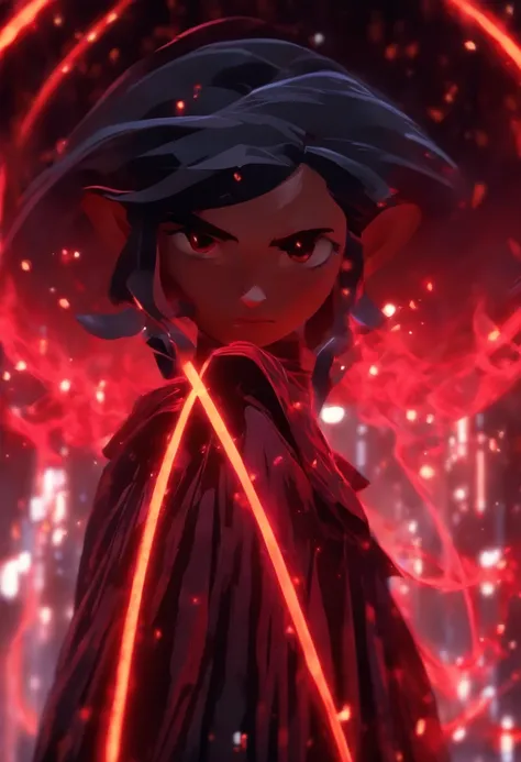 Anime meticulosamente detalhado Female Sith ,Pixar 3D Fotografia de estilo de arte , vestindo um manto e segurando um sabre de luz vermelho em postura de luta . fundo do planeta, octan render