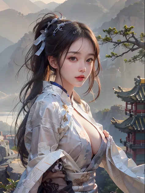 nsfw, 1girl, nude, (masterpiece: 1.4), (8K, realistic, raw photo, best quality: 1.4), skirtlift, standing on mountain top, nipple areola shape clear, beautiful breasts, Chinese girl, beautiful cute face, (real face: 1.4), perfect pussy, beautiful hairstyle...