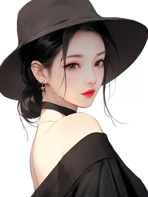 Anime girl with black hat and black dress and red lips, Guviz, Guviz-style artwork, by Yang J, By Li Song, [ 4 K digital art ]!!, high quality portrait, by Ye Xin, in the art style of bowater, By Ni Tian, girl cute-fine face, anime girl profile