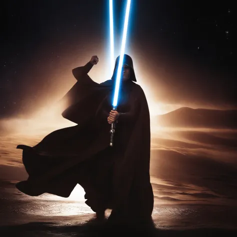 Mulher em um manto segurando um sabre de luz em um quarto escuro, segurando sabre de luz 4 k, Jedi Feminino, rei, Jedi com sabre de luz, com espada de sabre de luz, Personagem de Star Wars, sem sabre de luz, segurando um sabre de luz, com sabre de luz, Pap...