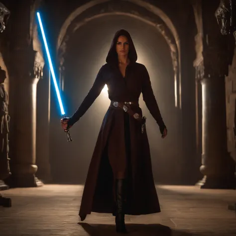 Mulher em um manto segurando um sabre de luz em um quarto escuro, segurando sabre de luz 4 k, Jedi Feminino, rei, Jedi com sabre de luz, com espada de sabre de luz, Personagem de Star Wars, sem sabre de luz, segurando um sabre de luz, com sabre de luz, Pap...