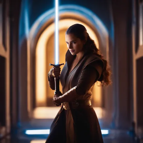 Mulher em um manto segurando um sabre de luz em um quarto escuro, segurando sabre de luz 4 k, Jedi Feminino, rei, Jedi com sabre de luz, com espada de sabre de luz, Personagem de Star Wars, sem sabre de luz, segurando um sabre de luz, com sabre de luz, Pap...