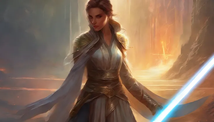 Mulher em um manto segurando um sabre de luz em um quarto escuro, segurando sabre de luz 4 k, Jedi Feminino, rei, Jedi com sabre de luz, com espada de sabre de luz, Personagem de Star Wars, sem sabre de luz, segurando um sabre de luz, com sabre de luz, Pap...