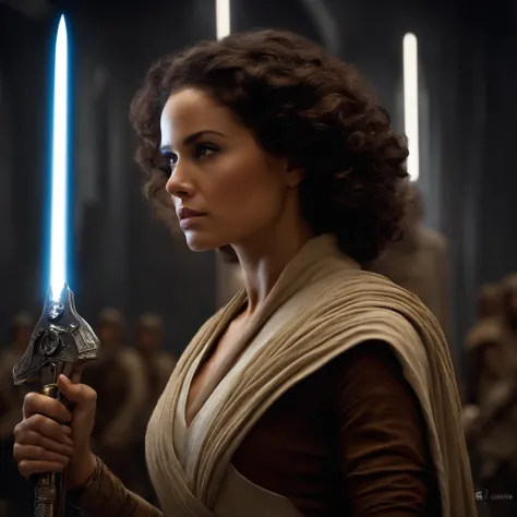 Imagem da mulher segurando um sabre de luz de Guerra nas Estrelas, rei, Guerra nas Estrelas, Personagem feminina solo, visual do filme star wars, curly hair, Cartaz de Guerra nas Estrelas, In a Star Wars sequel, Poster character, com espada de sabre de luz...