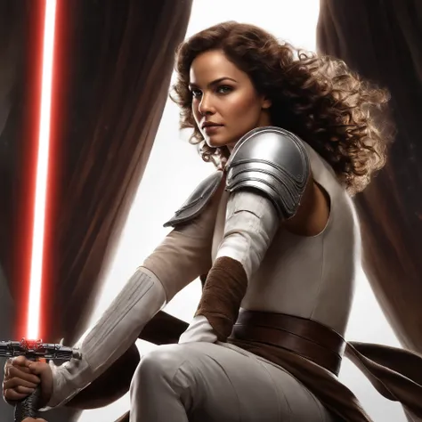 Imagem da mulher segurando um sabre de luz de Guerra nas Estrelas, rei, Guerra nas Estrelas, Personagem feminina solo, visual do filme star wars, curly hair, Cartaz de Guerra nas Estrelas, In a Star Wars sequel, Poster character, com espada de sabre de luz...