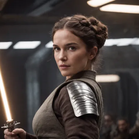 Imagem da mulher segurando um sabre de luz de Guerra nas Estrelas, rei, Guerra nas Estrelas, Personagem feminina solo, visual do filme star wars, curly hair, Cartaz de Guerra nas Estrelas, In a Star Wars sequel, Poster character, com espada de sabre de luz...