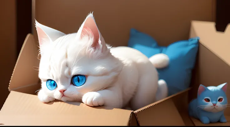 Gnawing on Amazon boxes、cute little、ren、White cat、Bigger eyes、Blue eyes、More cute and fair-skinned